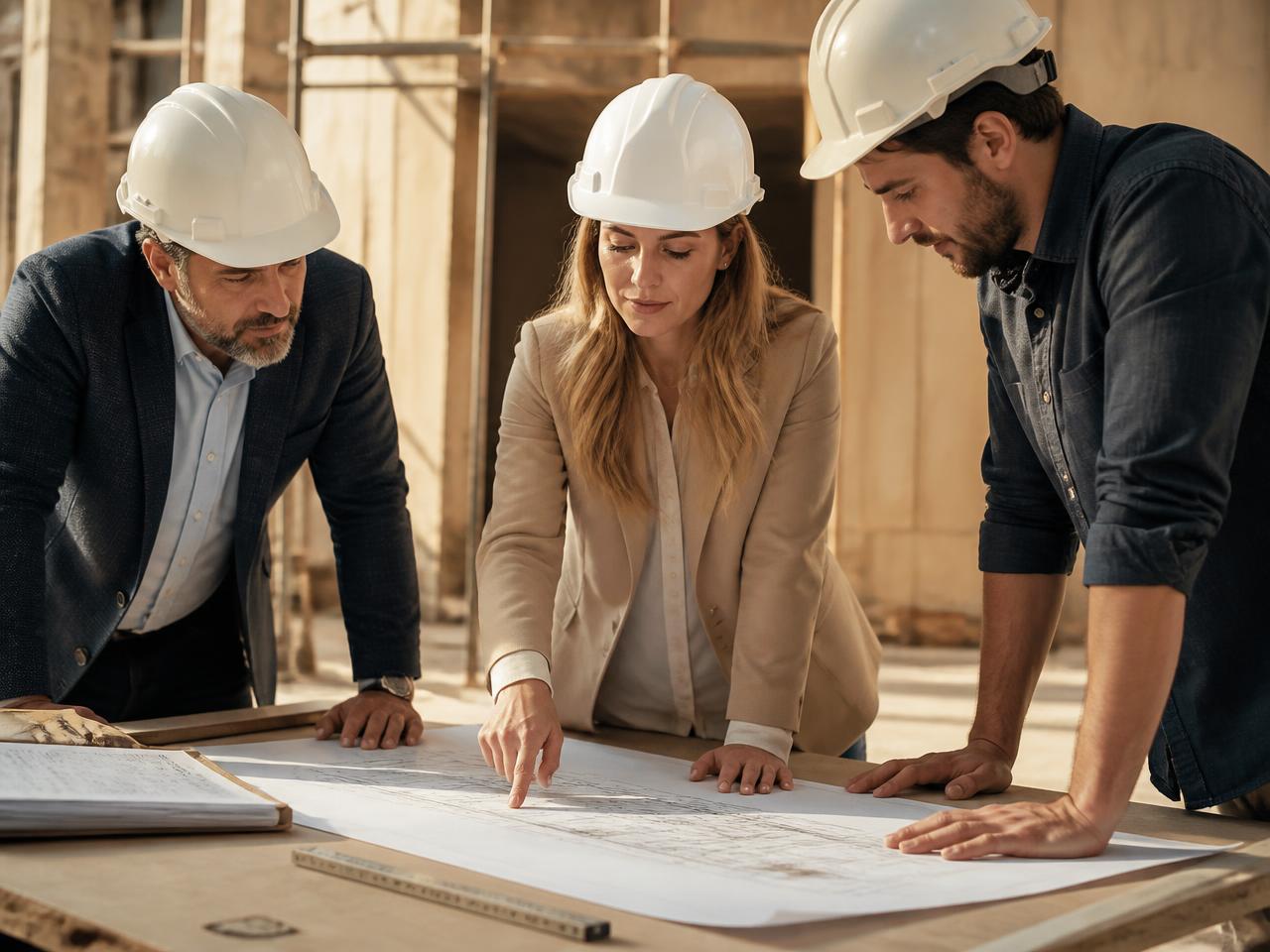 Mal & Mal project team reviewing construction drawings on site