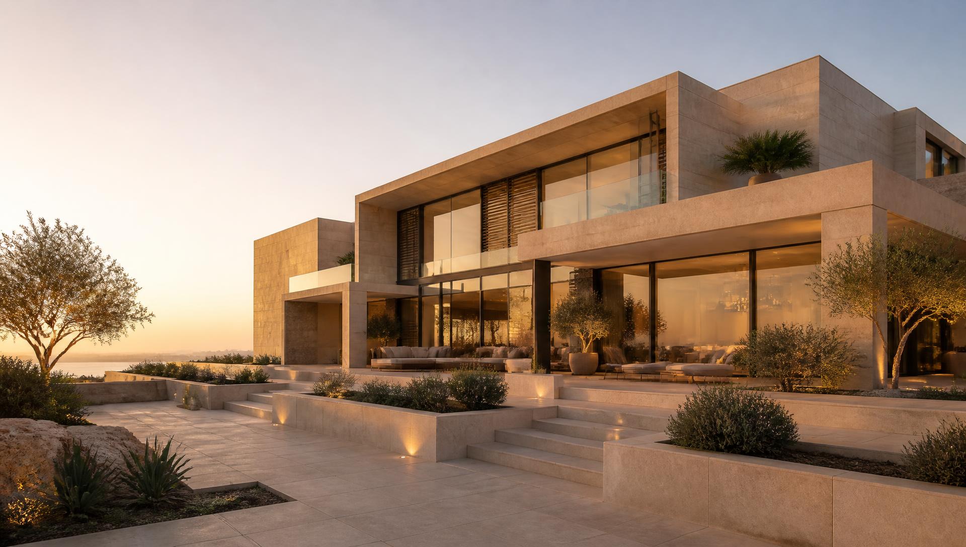Warm-toned modern residential architecture at golden hour
